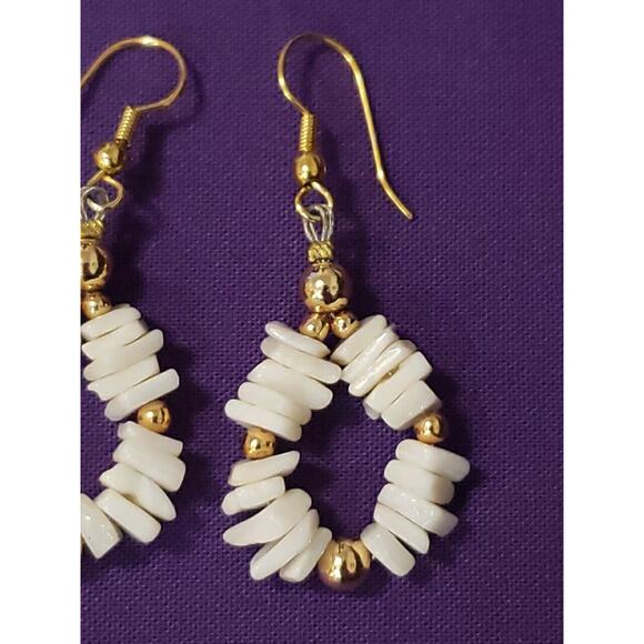Shell Chip Dangle Hoop Earrings, Bright White Polished Smooth, Gold Tone Accents - Picture 3 of 9